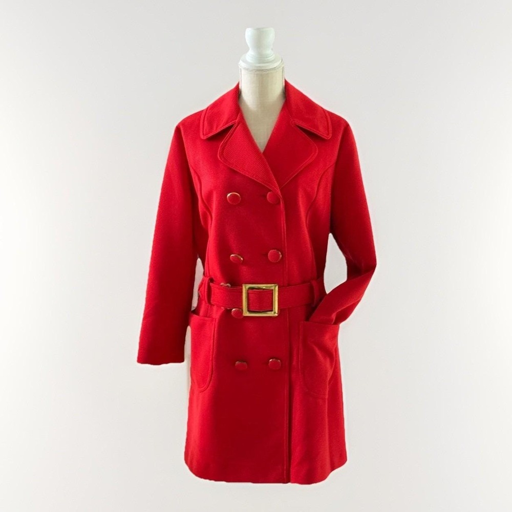 Vintage Puget Sounder Red Double Breasted Belted Trench Coat Jacket All Weather